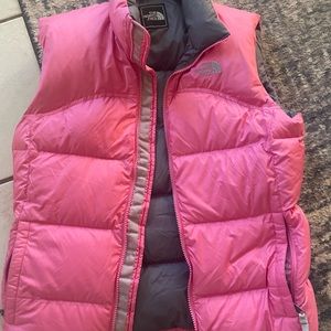 Pink north face puffer jacket.